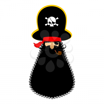 Pirate portrait in hat. Eye patch and smoking pipe. filibuster cap. Bones and Skull. Head corsair black beard. 
