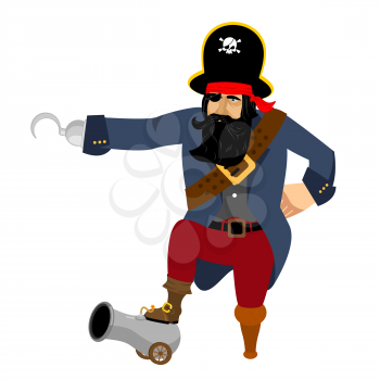 Pirate Hook and cannon. Eye patch and smoking pipe. filibuster cap. Bones and Skull. Head corsair black beard. buccaneer Wooden foot