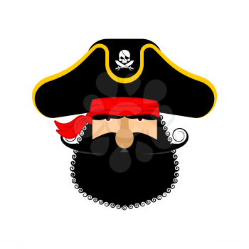 Pirate portrait in hat. Eye patch and smoking pipe. filibuster cap. Bones and Skull. Head corsair black beard. 