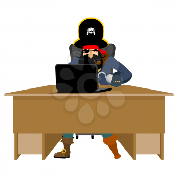 Web pirate and laptop. internet hacker and PC. buccaneer and computer. Eye patch and smoking pipe. pirates cap. Bones and Skull. See animal filibuster
