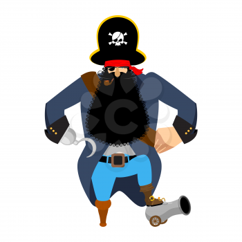 Pirate Hook and cannon. Eye patch and smoking pipe. filibuster cap. Bones and Skull. Head corsair black beard. buccaneer Wooden foot
