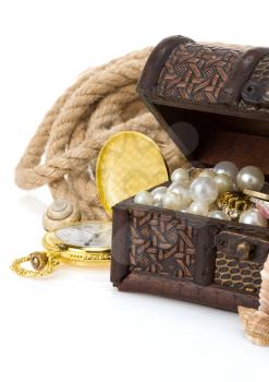 opened antique treasure chest isolated on white background