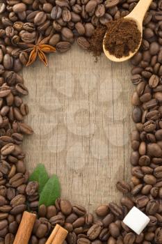 coffee beans on wood background texture