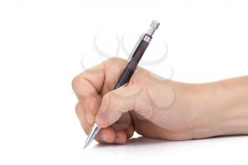 male hand with pen on white