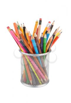 holder basket full of pencils isolated on white background
