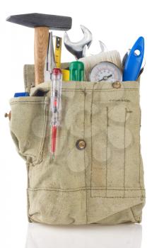tools in belt bag isolated on white background