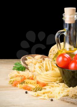 pasta and food ingredient isolated on black background
