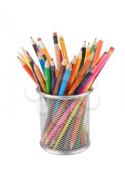 pencils and basket holder isolated on white background