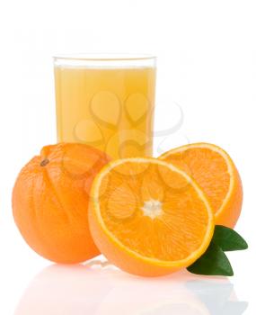 orange juice in glass and slices isolated on white background