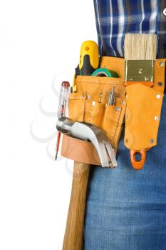 man and tools in leathern belt isolated on white background