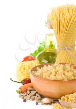 raw pasta and healthy food isolated on white background