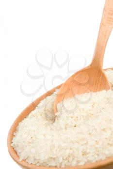 rice in wooden plate and spoon isolated on white background
