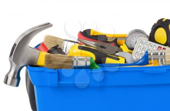 set of tools in construction toolbox isolated on white background