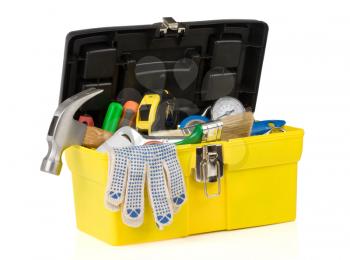 set of tools on toolbox isolated at white background