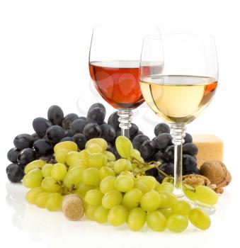 wine in glass and fruit isolated on white background