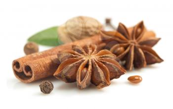 cinnamon sticks, anise star and other spices on white background