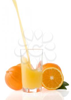 flowing juice and orange isolated on white background