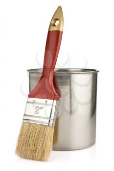 paint buckets and paintbrush isolated on white background
