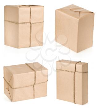 parcel wrapped with brown paper tied rope isolated on white background
