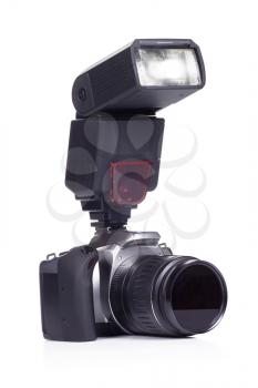 photo camera and flash on white background