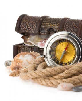 ship rope and compass isolated on white background