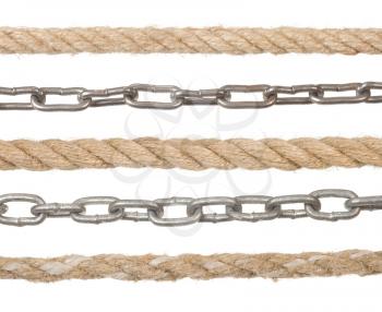 rope and metal chain isolated on white background