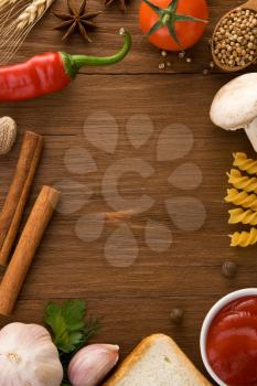 food ingredients and spices on wooden table