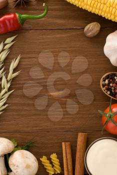 food ingredients and spices on wooden table