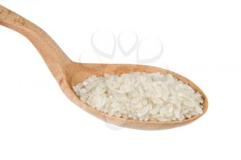 rice grain in wooden old spoon isolated on white background