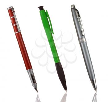 red, green and silver shining pens isolated on white background