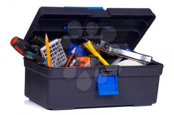 plastic box with tools on white