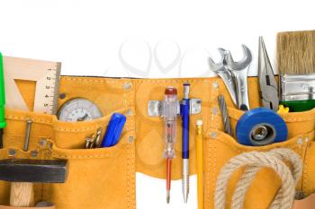 tools in leathern belt isolated on white background