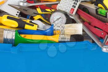 set of tools in construction toolbox