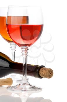 wine in glasses and bottle isolated on white background