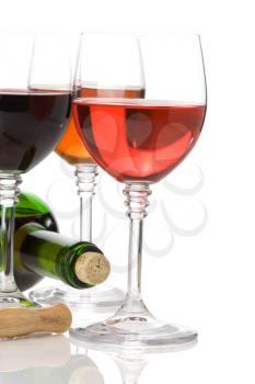 red wine in glass and bottle isolated on white background