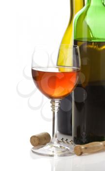 wine bottle and wineglasses isolated on white background