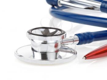 medical stethoscope with pen isolated on white background