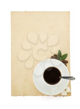 cup of coffee and parchment isolated on white background
