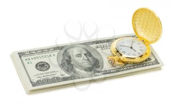 dollars banknotes and watch isolated on white background