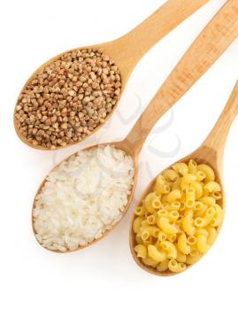 rice, pasta and buckwheat in spoon  on white background