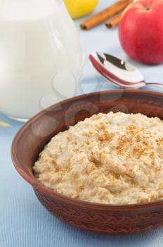 bowl of oatmeal on tablecloth background