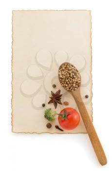 food ingredients and spices on white background