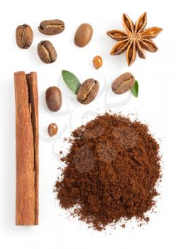 coffee grounds and beans isolated on white background