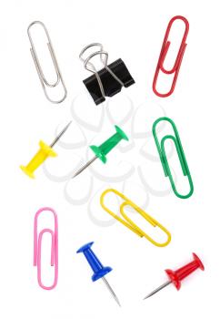 pushpin and paper clip isolated on white background