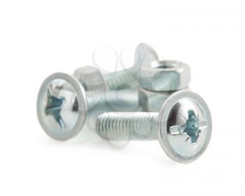 metal screws and nut tool on white background
