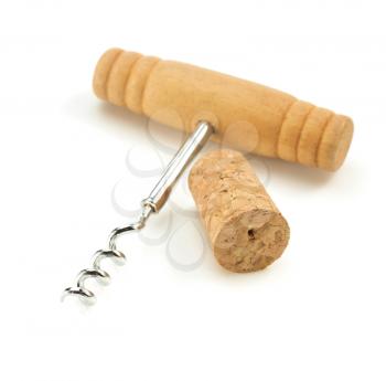 corkscrew and wine cork isolated on white background