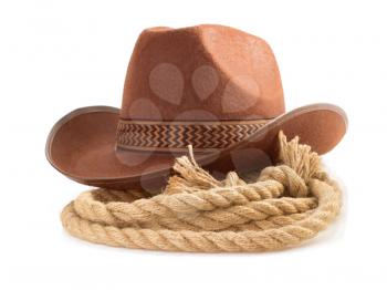 brown cowboy hat and rope isolated on white background