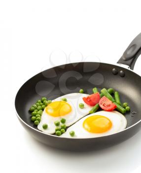 fried egg in frying pan isolated on white background
