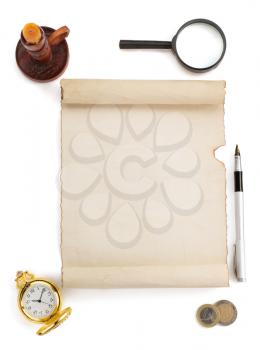 parchment scroll and supplies isolated on white background