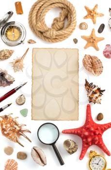 seashell and parchment isolated on white background